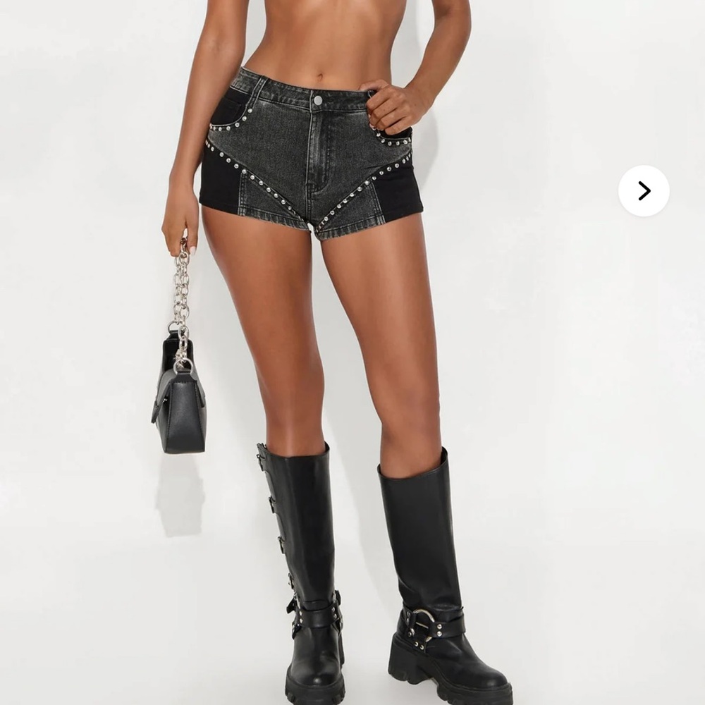 Fashion Nova Black Studded Colorblock Denim Shorts
